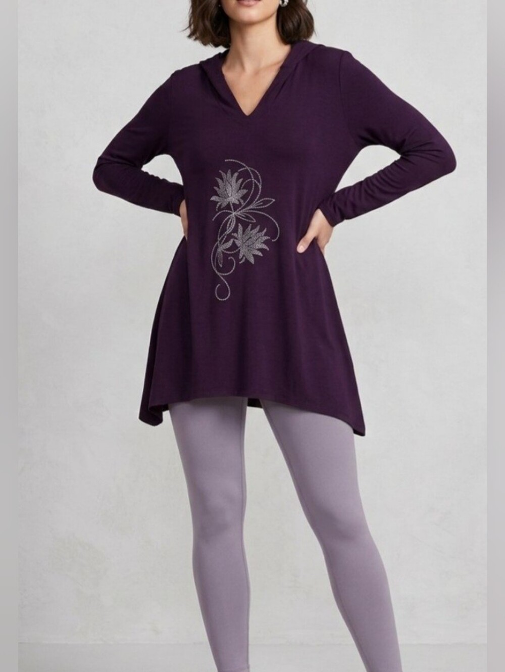 Bali Tunic Long Sleeve Purple Floral Rhinestone Top With Hood.
